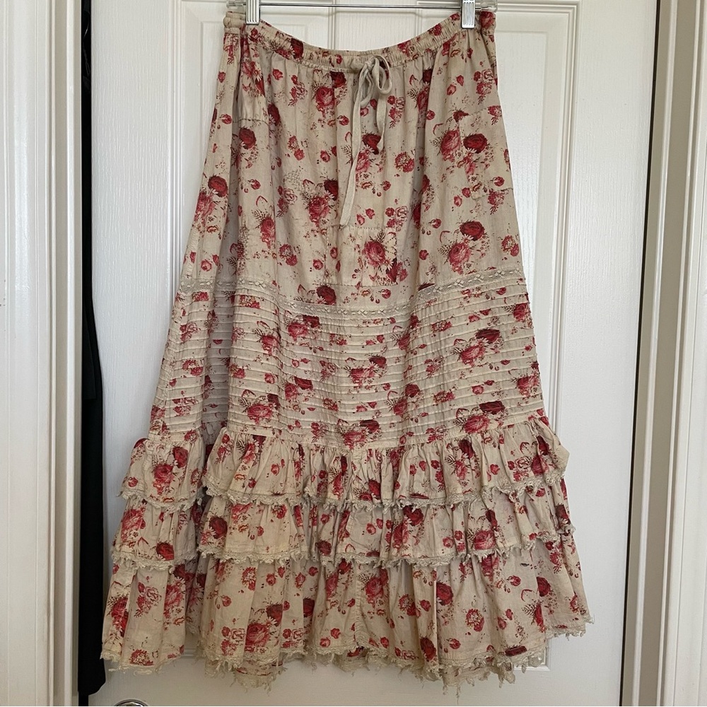 Magnolia Pearl Skirt Ivory Roses tie waist, OSFM